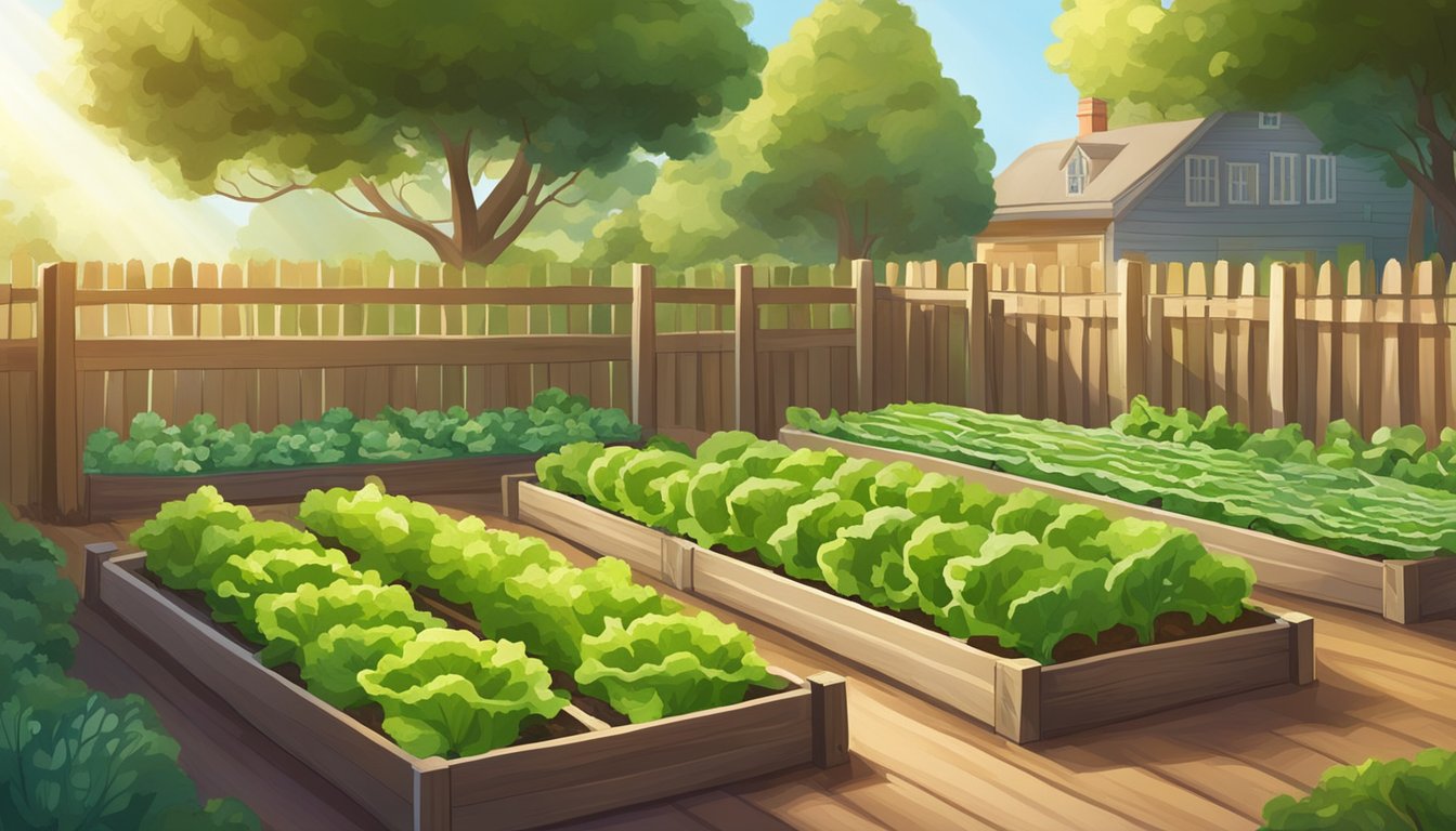 A small, budget-friendly garden with rows of vibrant lettuce and other vegetables, surrounded by a wooden fence and bathed in warm sunlight