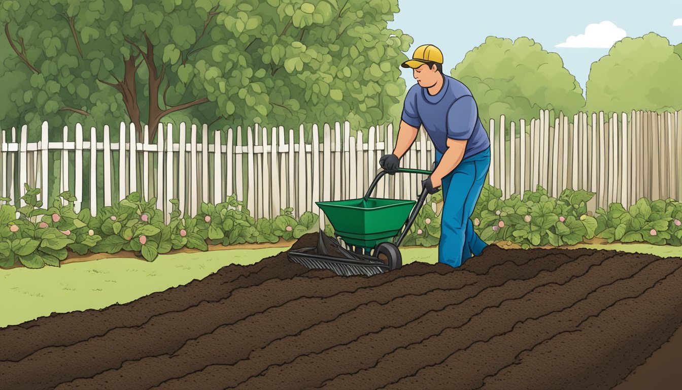 A garden bed being tilled and raked, with a row of radish seeds being planted in rich, dark soil