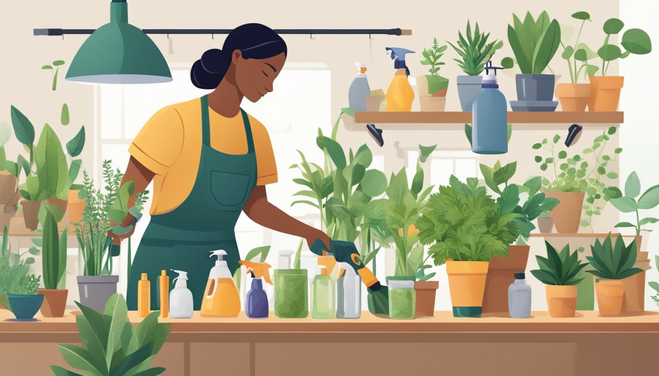 A person mixing natural ingredients in a spray bottle, surrounded by potted plants and gardening tools