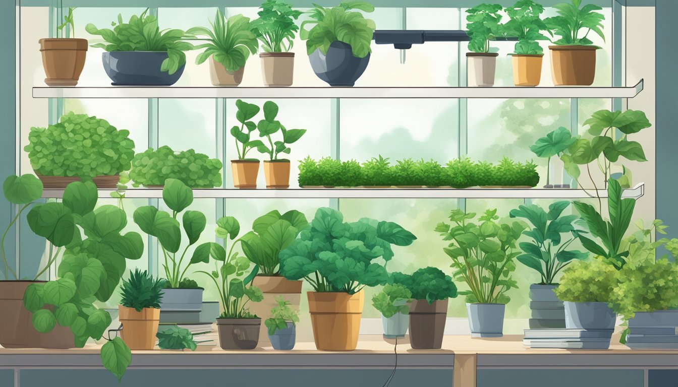 A lush hydroponic garden with various plants growing in nutrient-rich water, surrounded by books on hydroponic gardening techniques for 2023