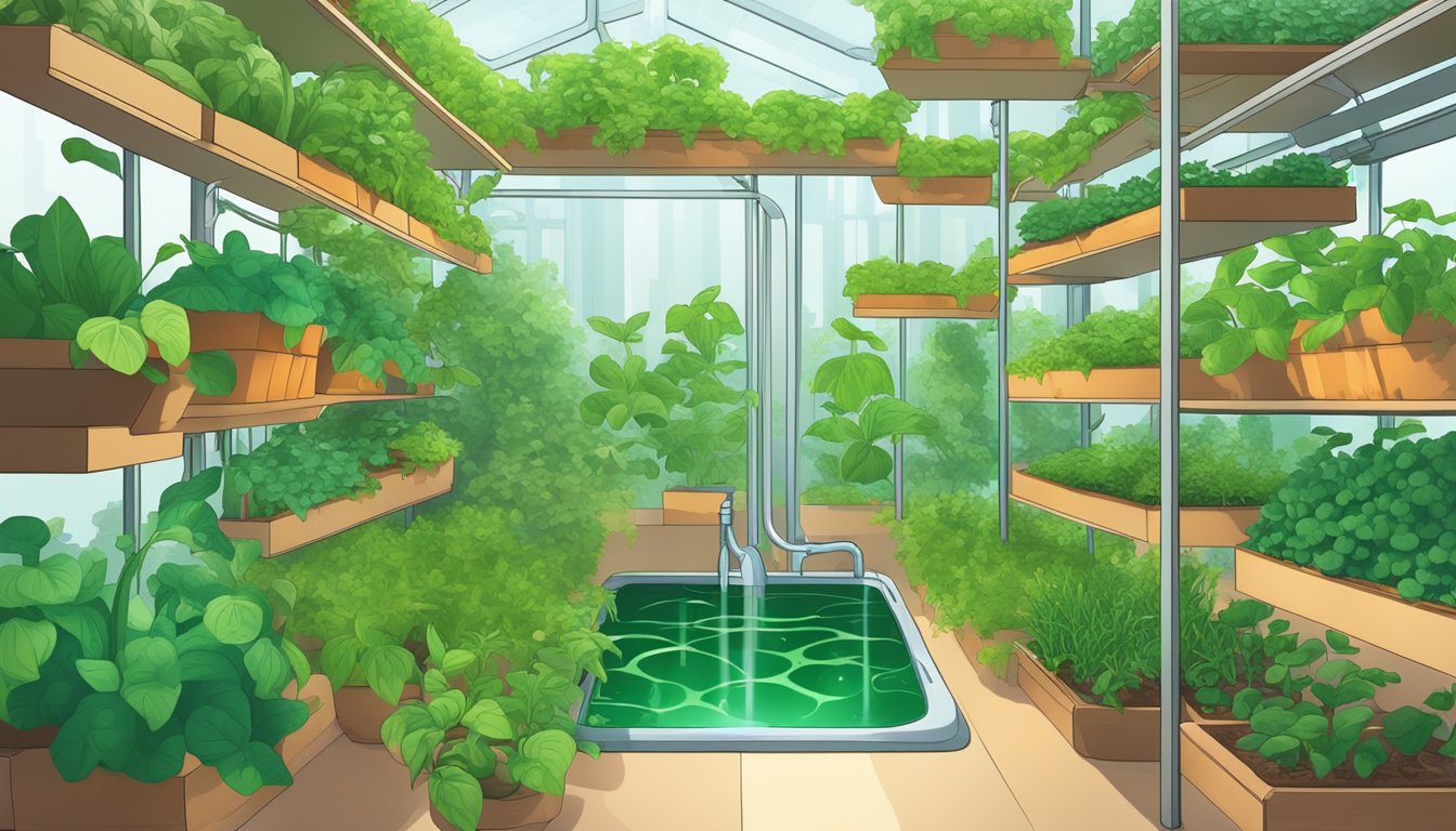 A lush, vibrant hydroponic garden with various plants growing in nutrient-rich water, surrounded by books on hydroponic systems for 2023