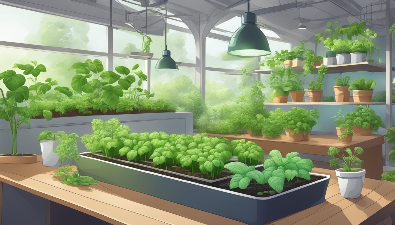 A lush hydroponic garden with various plants growing in nutrient-rich water, surrounded by books on hydroponic gardening