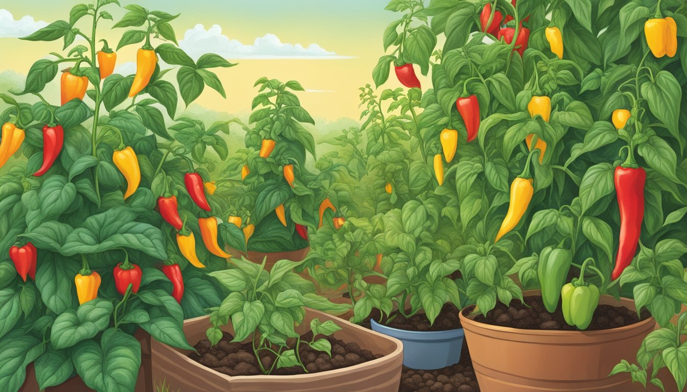 Lush pepper plants thriving in a sunny Texas garden, with various types of peppers in different stages of growth