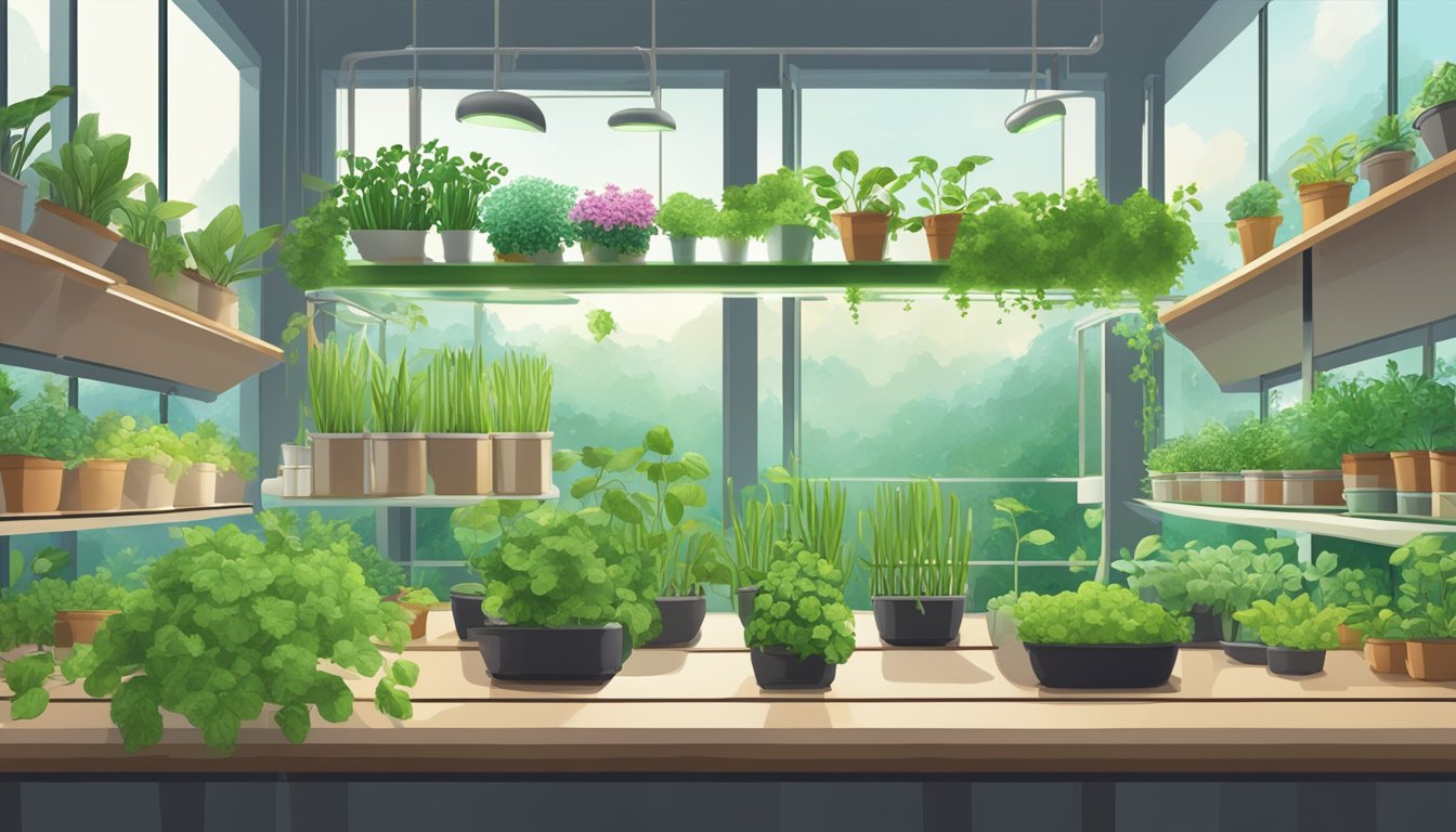 A lush hydroponic garden with various plants growing in nutrient-rich water, surrounded by books on hydroponic gardening for 2023