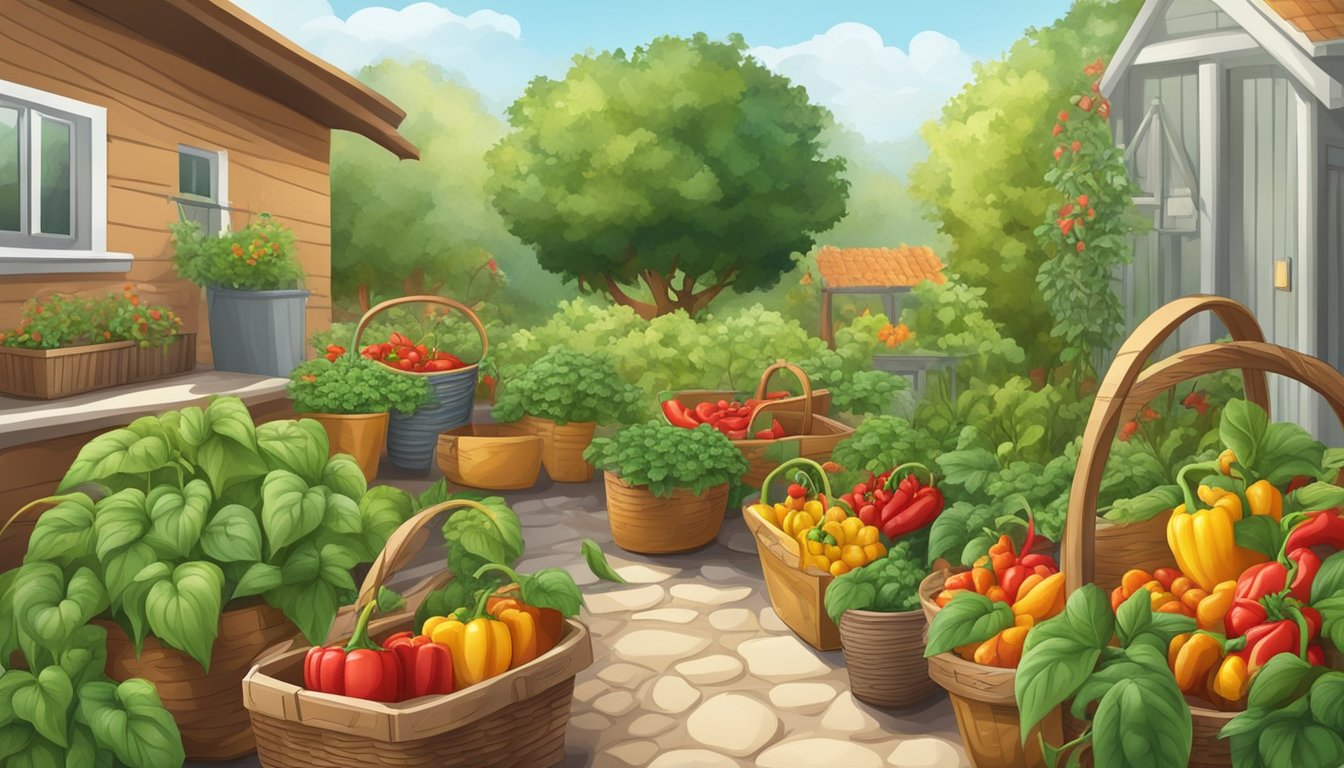 A garden with ripe peppers ready for harvest, surrounded by gardening tools and baskets for gathering