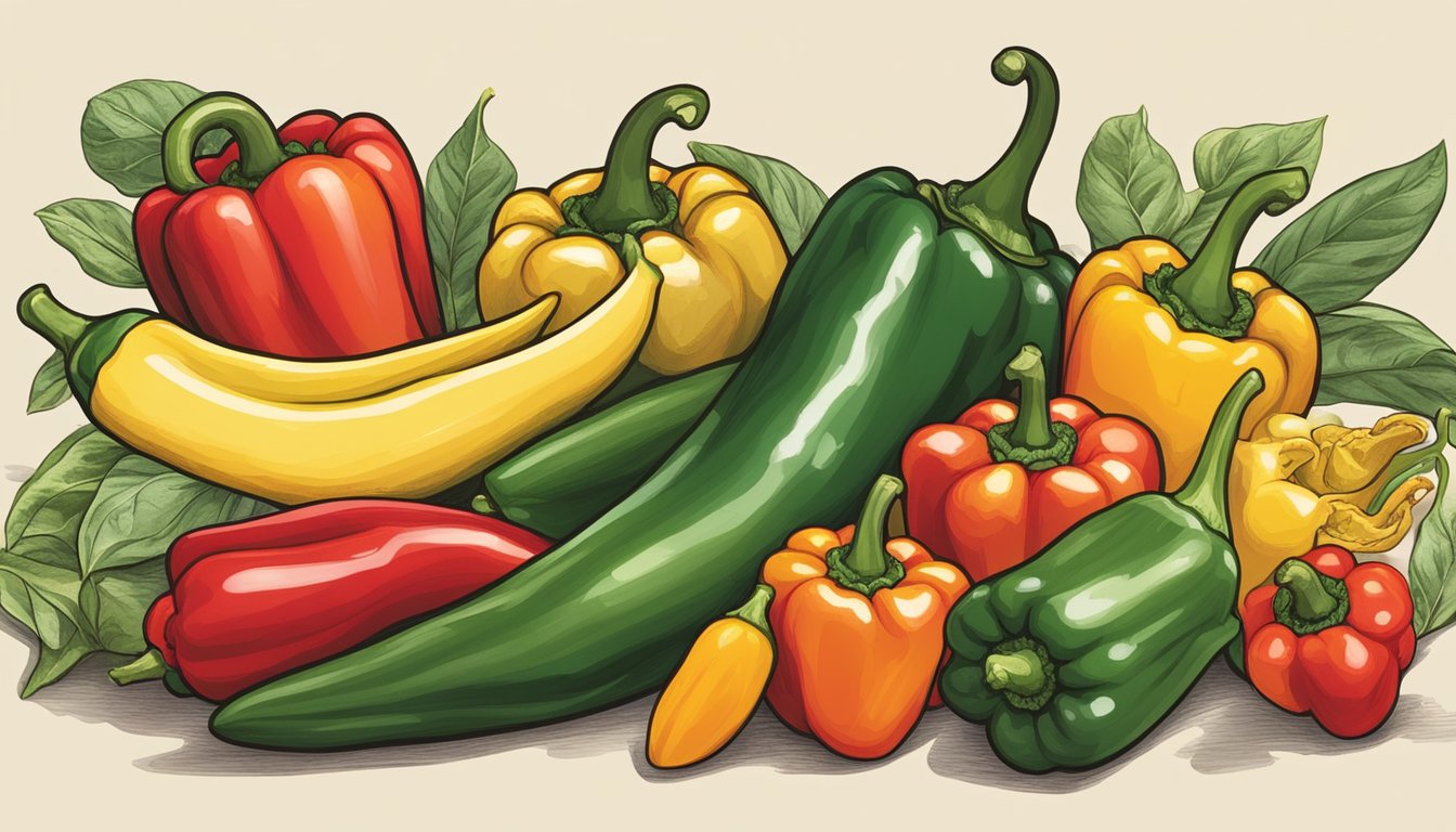 A garden with 7 varieties of peppers: bell, jalapeño, serrano, poblano, habanero, cayenne, and banana peppers, each labeled with their culinary uses