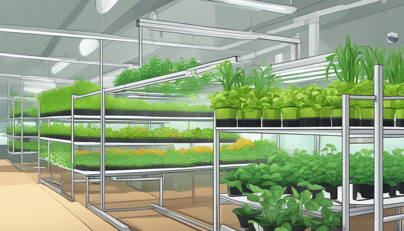 A modern hydroponics garden with various plants growing in nutrient-rich water, surrounded by shelves of specialized hydroponics books