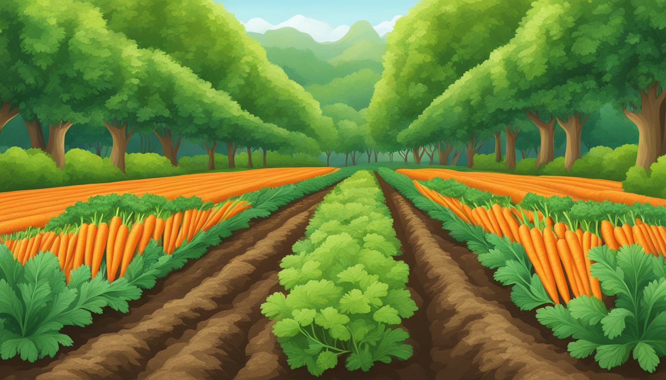 A vibrant garden scene with rows of fresh, orange carrots growing in rich soil, surrounded by lush green foliage