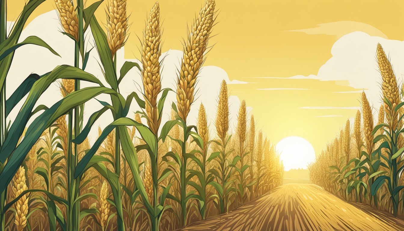 A sunny cornfield with ripe ears hanging on stalks, ready for harvest. A farmer inspects the crop, checking for readiness to be dried for preservation