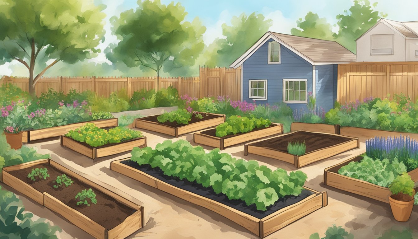 A sunny Texas backyard with raised garden beds, rich soil being tilled, and various vegetable seed packets scattered nearby