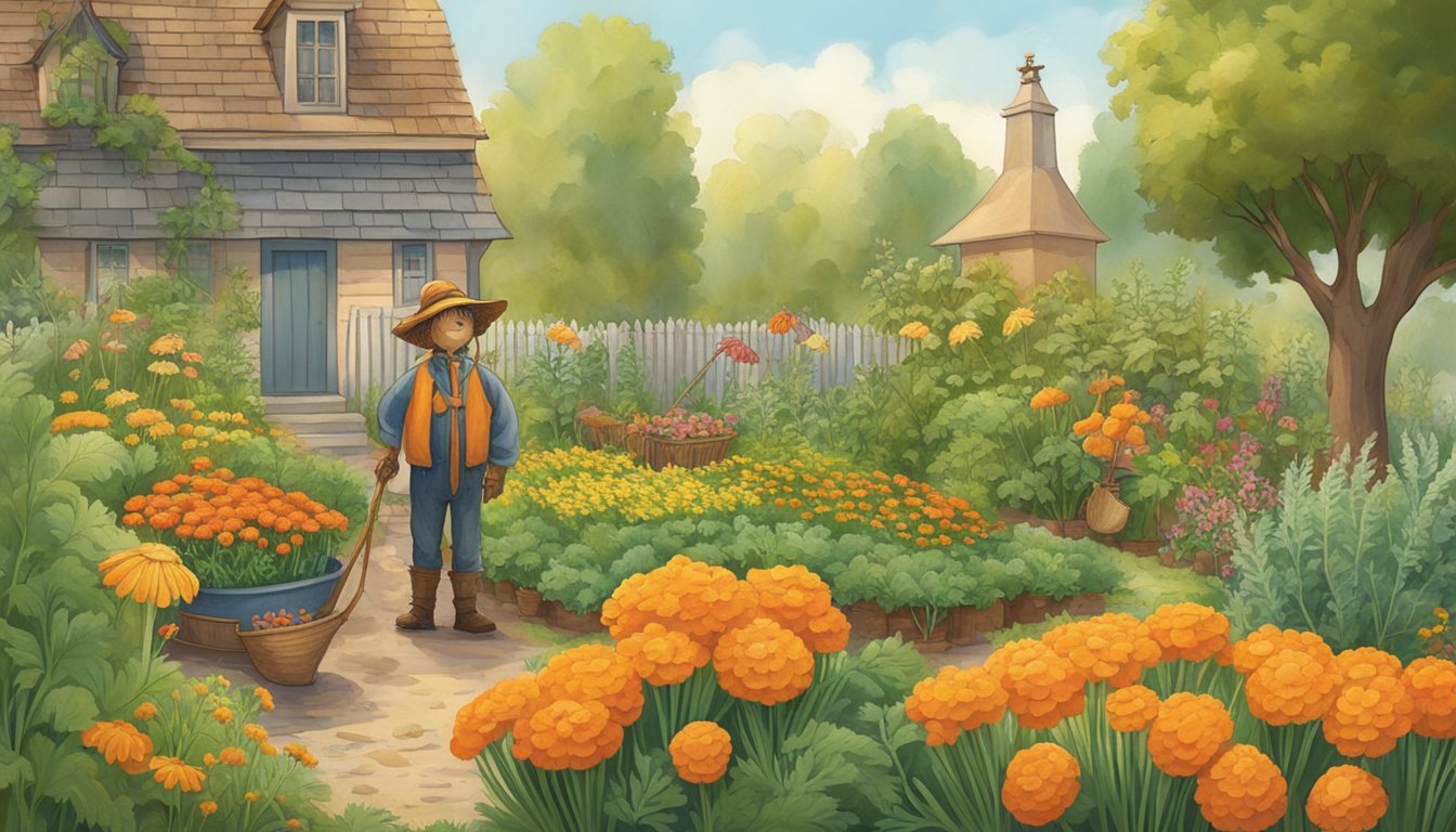 A garden scene with healthy, vibrant carrots surrounded by natural pest deterrents like marigolds and herbs. A scarecrow stands guard nearby to ward off pests