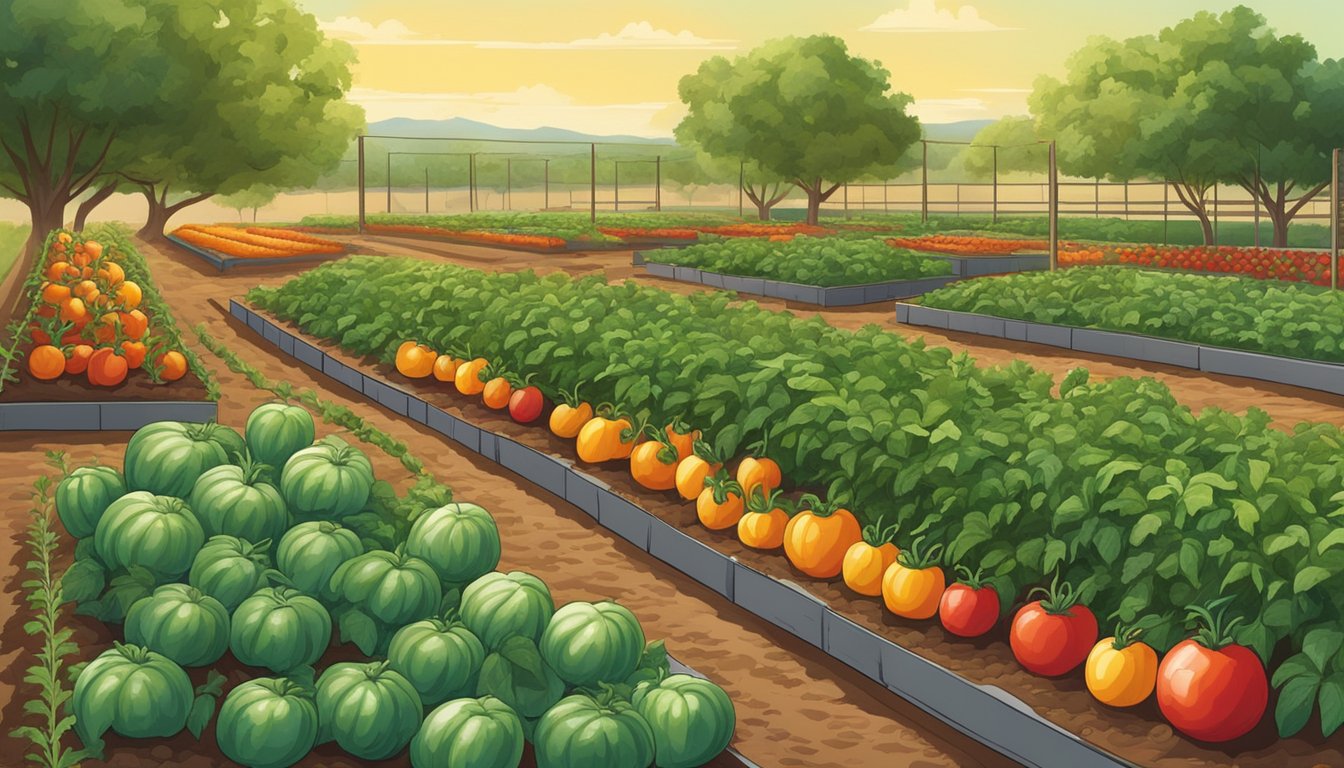 A vibrant vegetable garden in Texas, with rows of ripe tomatoes, peppers, and cucumbers ready for harvesting under the warm sun