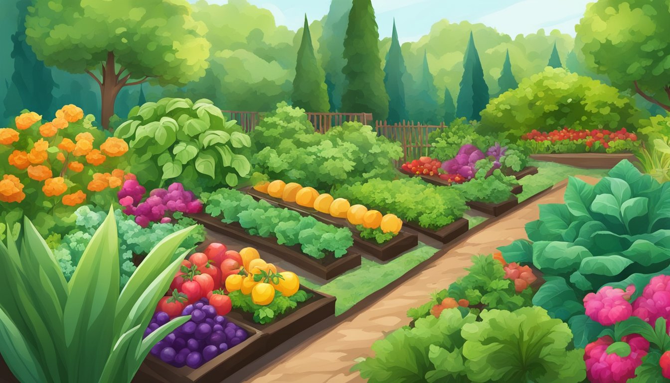 Lush green garden with vibrant vegetables, rich soil, and thriving plants, surrounded by compost and natural fertilizers