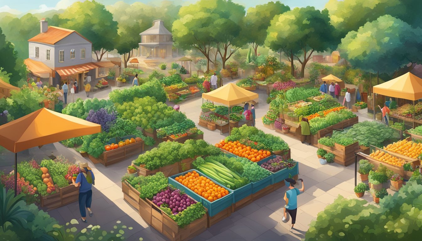 A lush garden bursting with vibrant vegetables and fruits, surrounded by a thriving community and bustling farmers' market