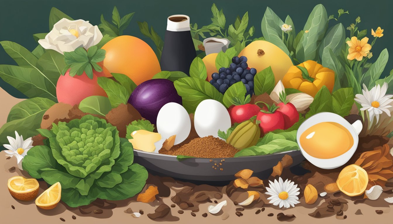 A pile of fruit and vegetable scraps, coffee grounds, and eggshells surrounded by a variety of plants and flowers. No meat, dairy, or oils are present