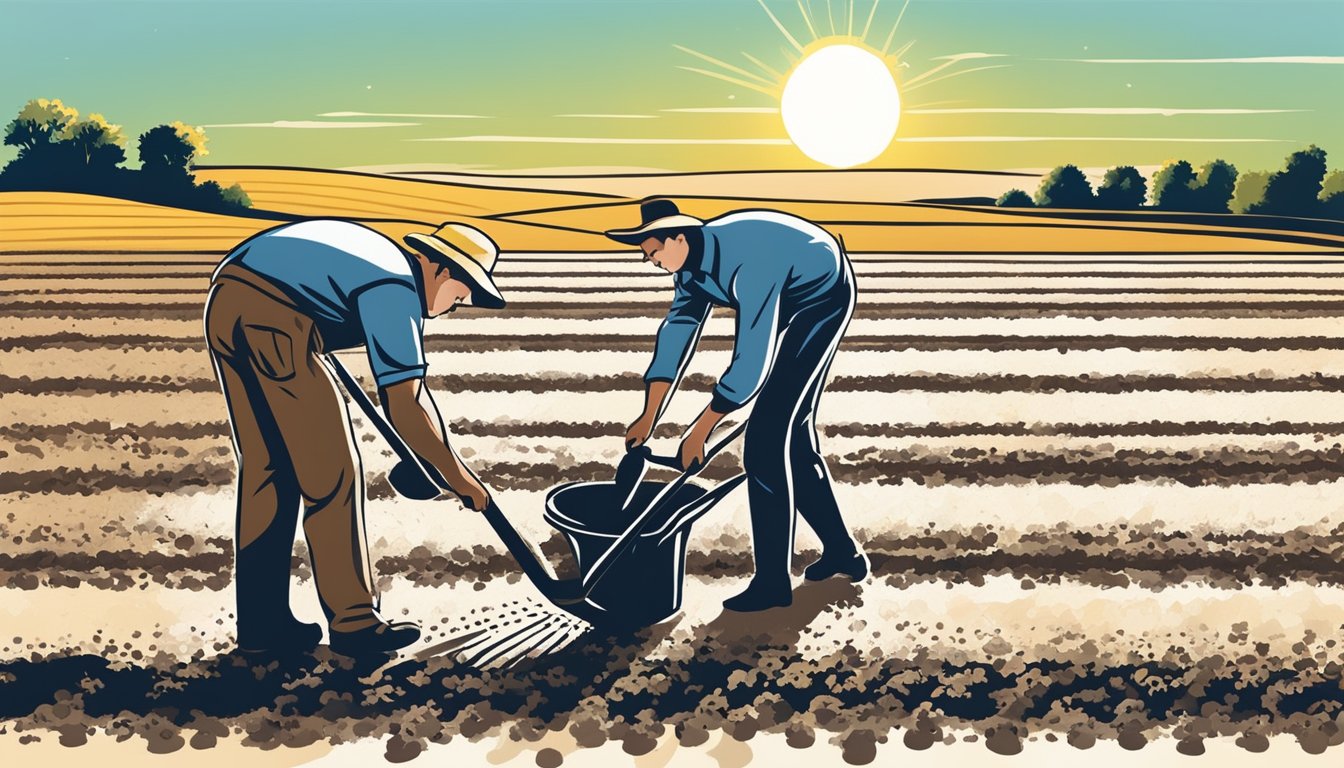 A farmer tilling the soil, sowing millet seeds, and watering the field, with the sun shining overhead and a clear blue sky in the background