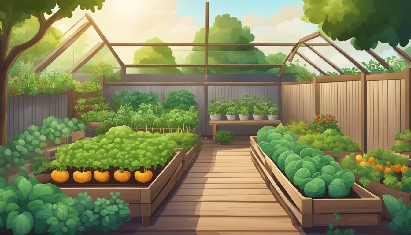 A lush garden with a variety of herbs, fruits, and vegetables growing in neat rows, surrounded by a wooden fence. A small shed or greenhouse in the background