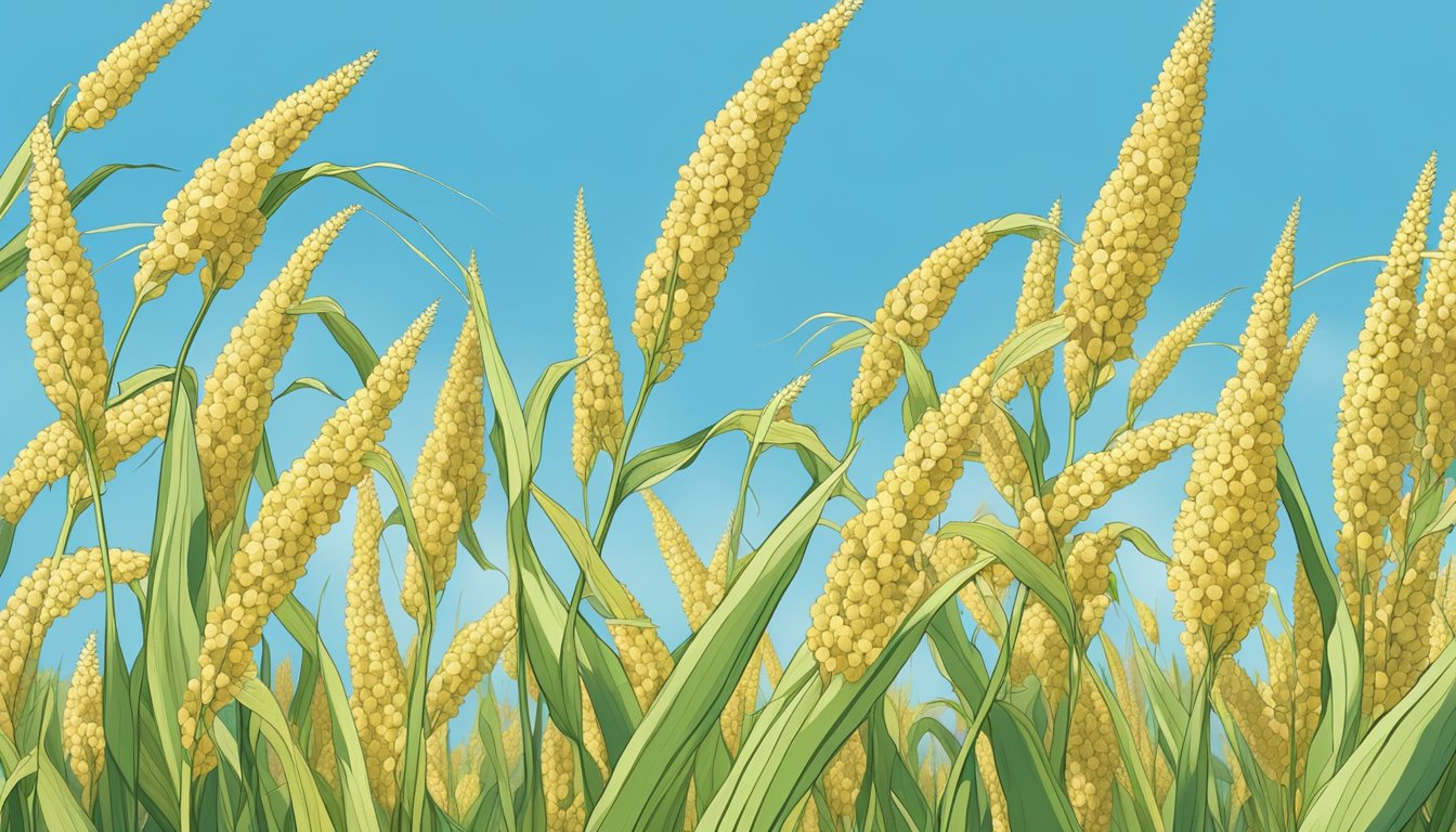 A sunlit field of mature millet plants, swaying gently in the breeze, with a clear blue sky in the background