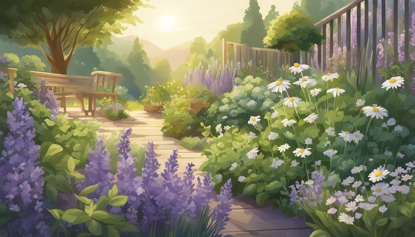 A lush garden filled with various herbs and plants, including lavender, chamomile, and mint, all thriving in the sunlight