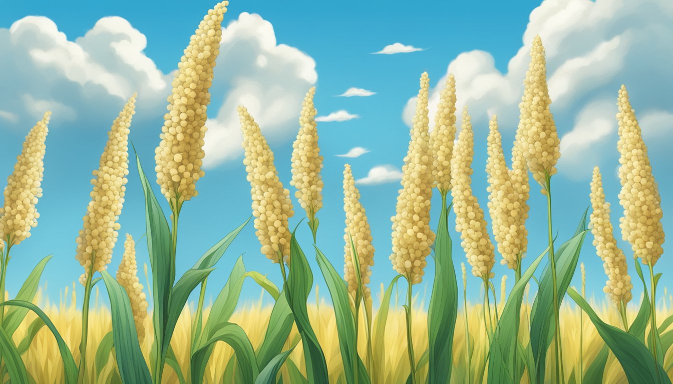 Lush millet field with tall, slender stalks swaying in the breeze, under a clear blue sky with a few fluffy white clouds