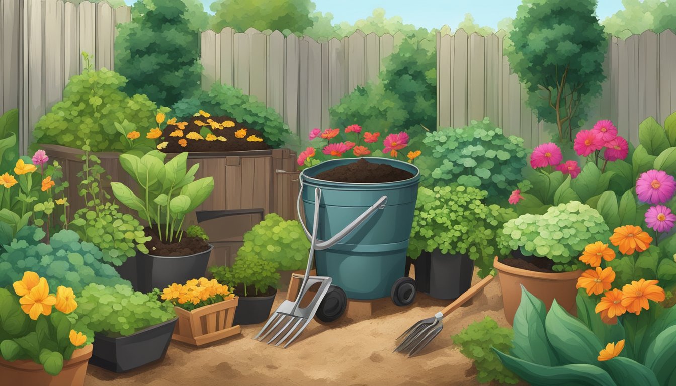 A lush garden with vibrant, thriving plants surrounded by a compost bin and gardening tools. The compost is being used to nourish the soil, resulting in an abundance of fresh, homegrown produce