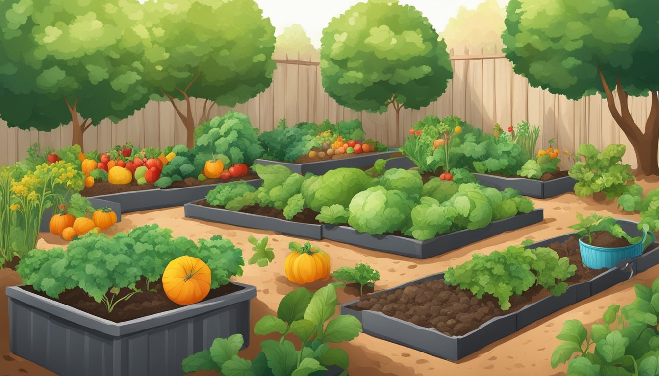 A lush garden with various fruits and vegetables growing, surrounded by compost bins and organic matter being added to the soil