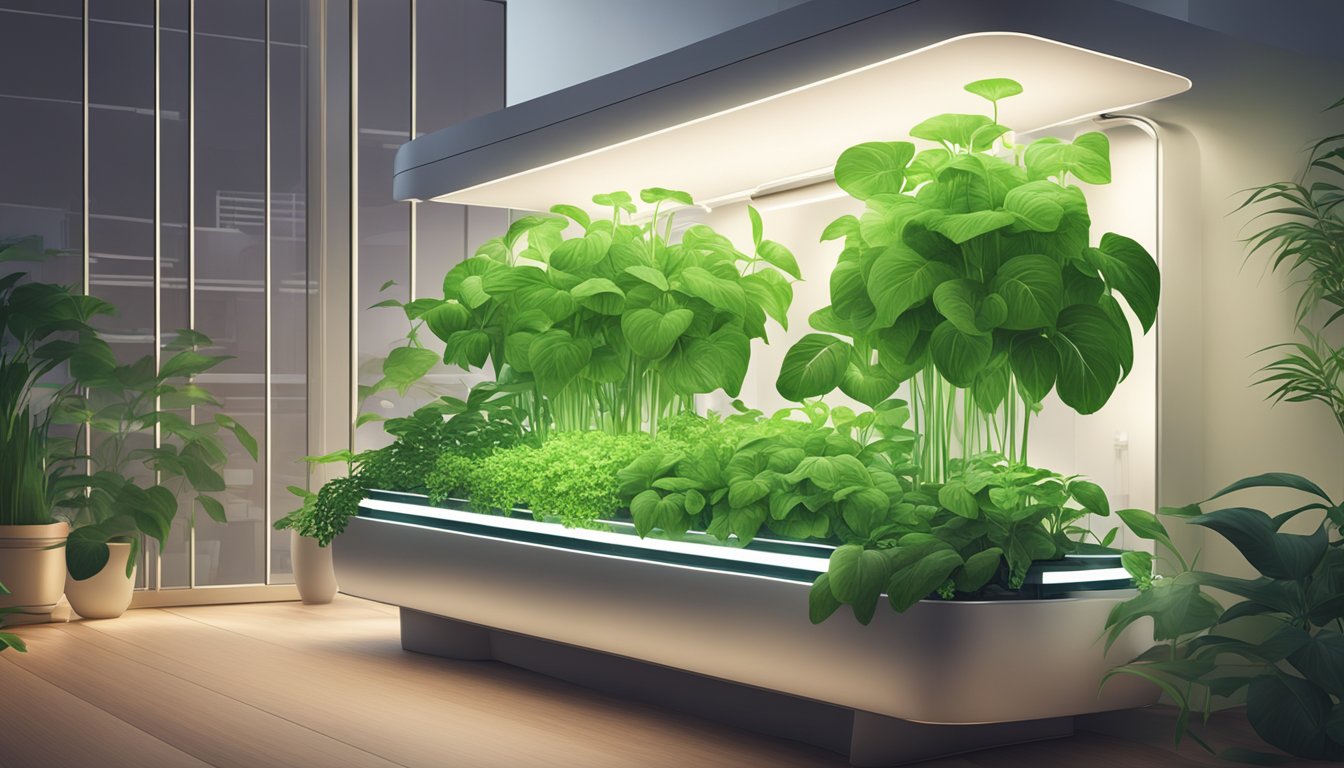 Lush green plants thrive in sleek, futuristic hydroponic systems, illuminated by soft, warm LED lights in a modern home setting