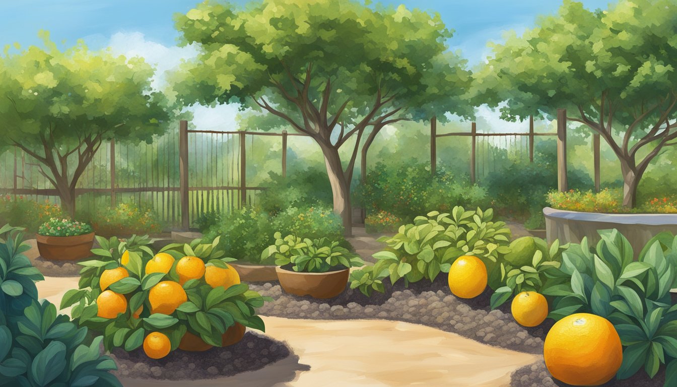 A sunny Texas backyard with a variety of citrus and fruit trees planted in well-prepared soil, surrounded by lush greenery and a clear blue sky