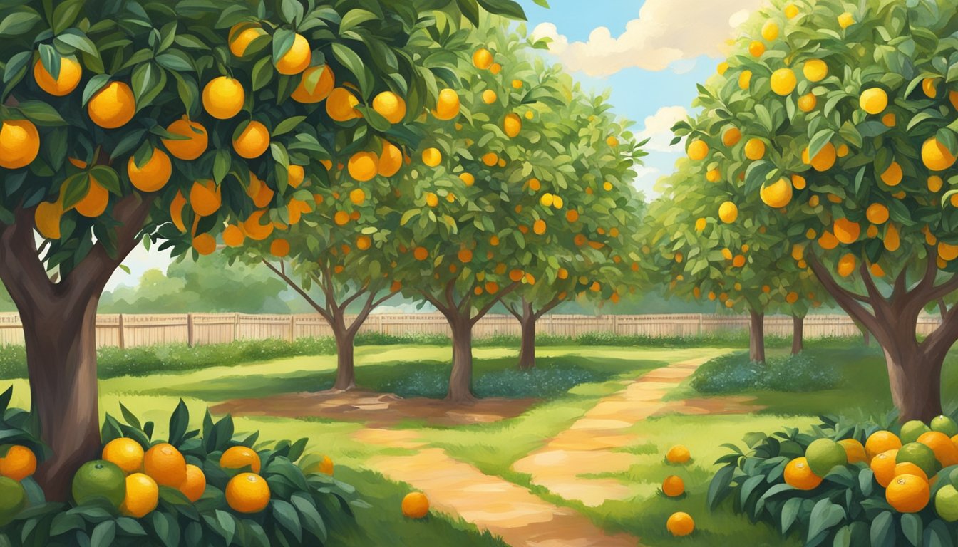 A sunny Texas backyard filled with lush citrus and fruit trees, ripe with colorful oranges, lemons, and other juicy fruits ready for picking