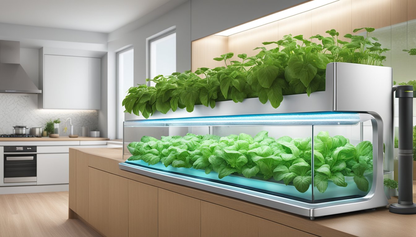 A sleek, modern hydroponic system sits on a kitchen counter, surrounded by lush, vibrant green plants growing in nutrient-rich water. LED lights shine down, providing the perfect environment for healthy, home-grown produce