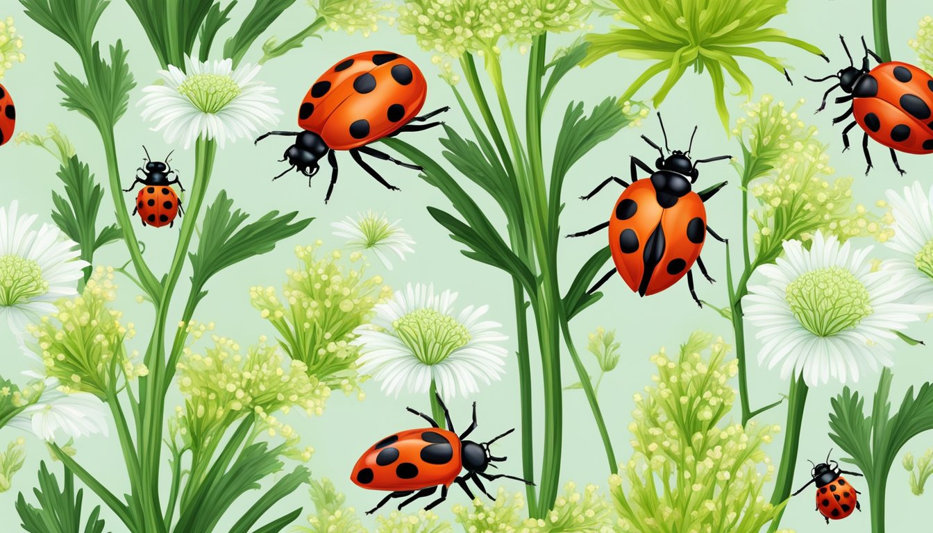 Fennel plant surrounded by ladybugs and spiders, with a healthy and vibrant appearance, free from pests and diseases