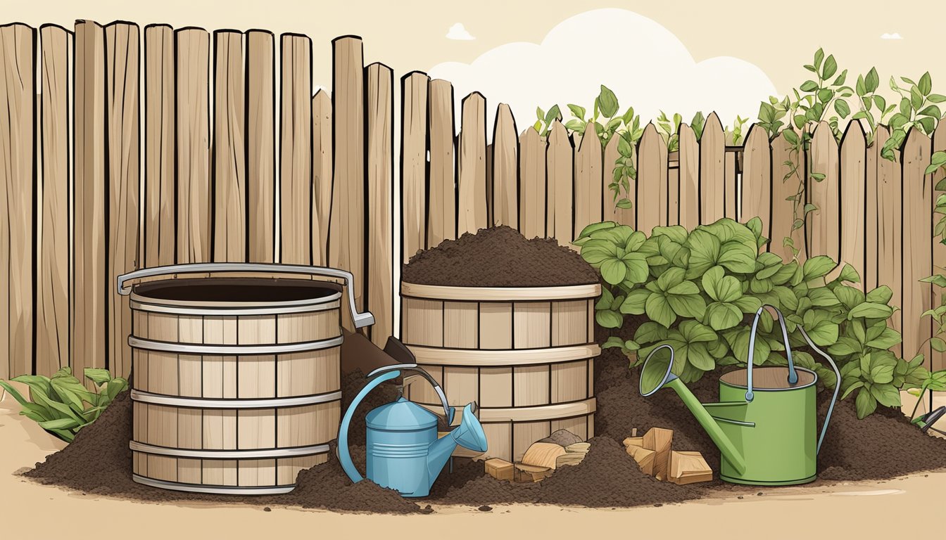 A wooden compost bin surrounded by garden tools and a watering can, with a pile of organic waste and a jug of compost tea nearby