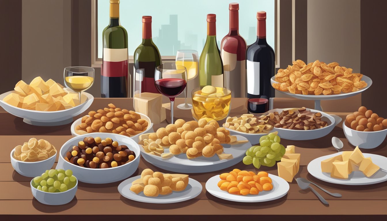 A table set with a variety of sweet and savory snacks, surrounded by bottles of red and white wine