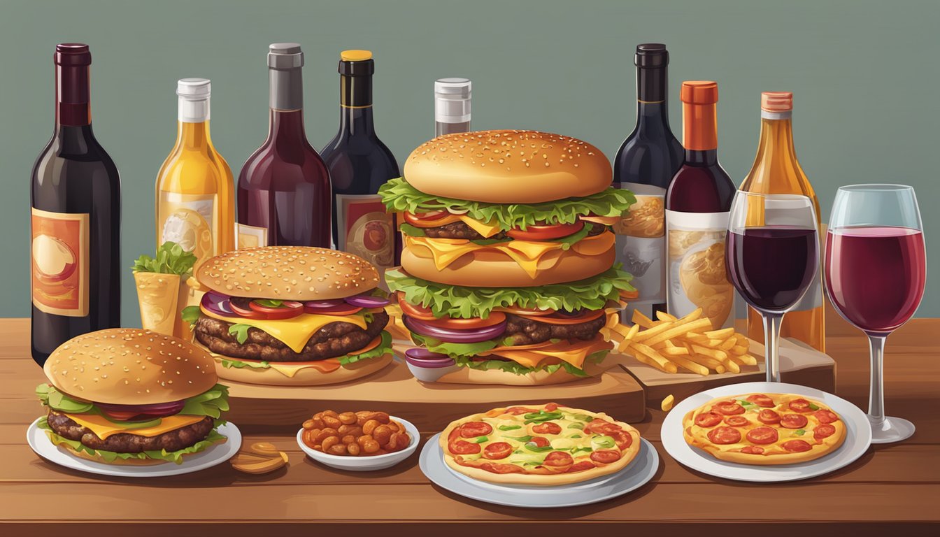 A table set with a variety of fast foods like burgers, fries, and pizza, alongside different types of wine bottles and glasses