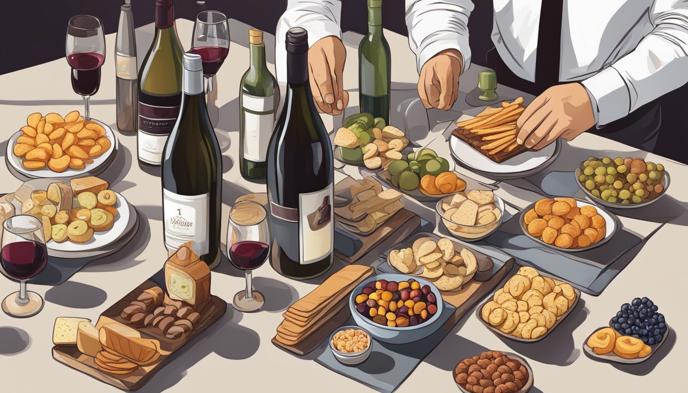 A table set with an assortment of snacks and various wine bottles, with a person selecting the perfect wine to pair with their snacks