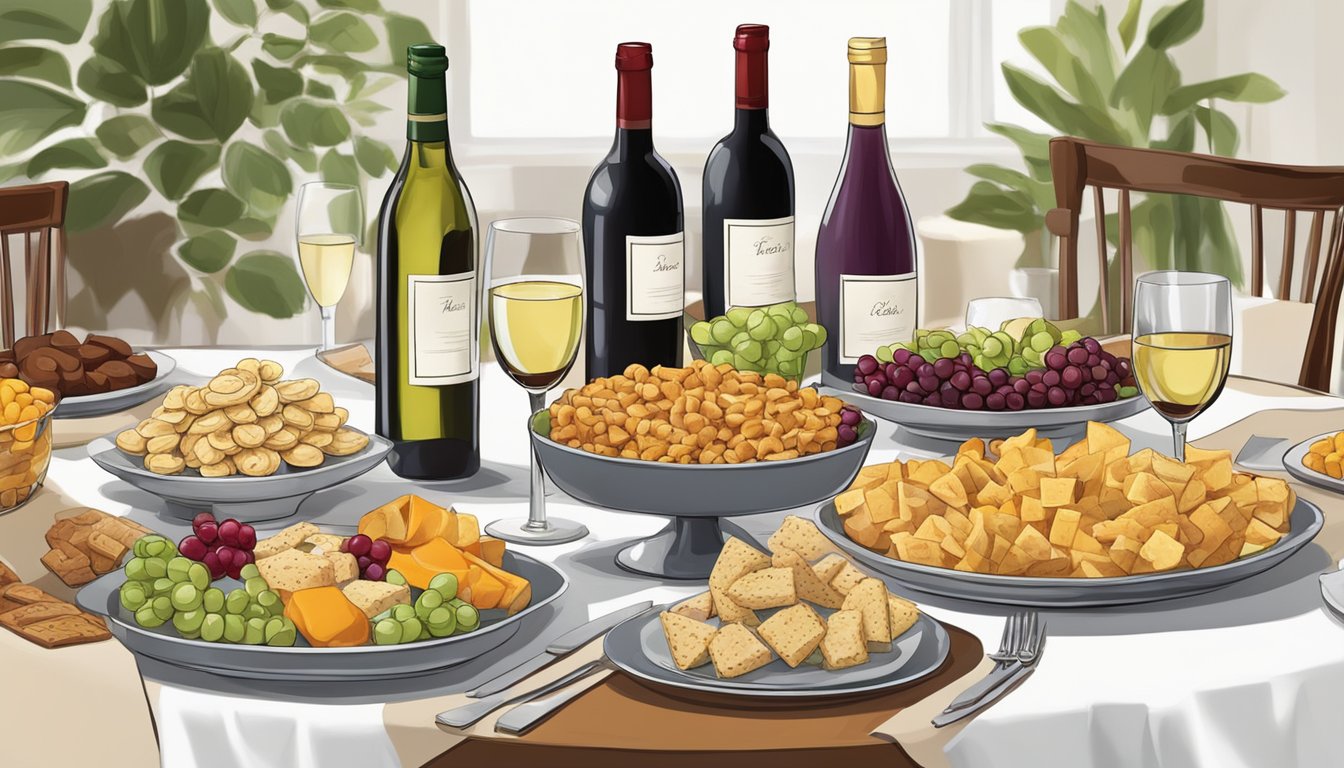 A table set with an assortment of snacks and a variety of wine bottles, ready for a special occasion