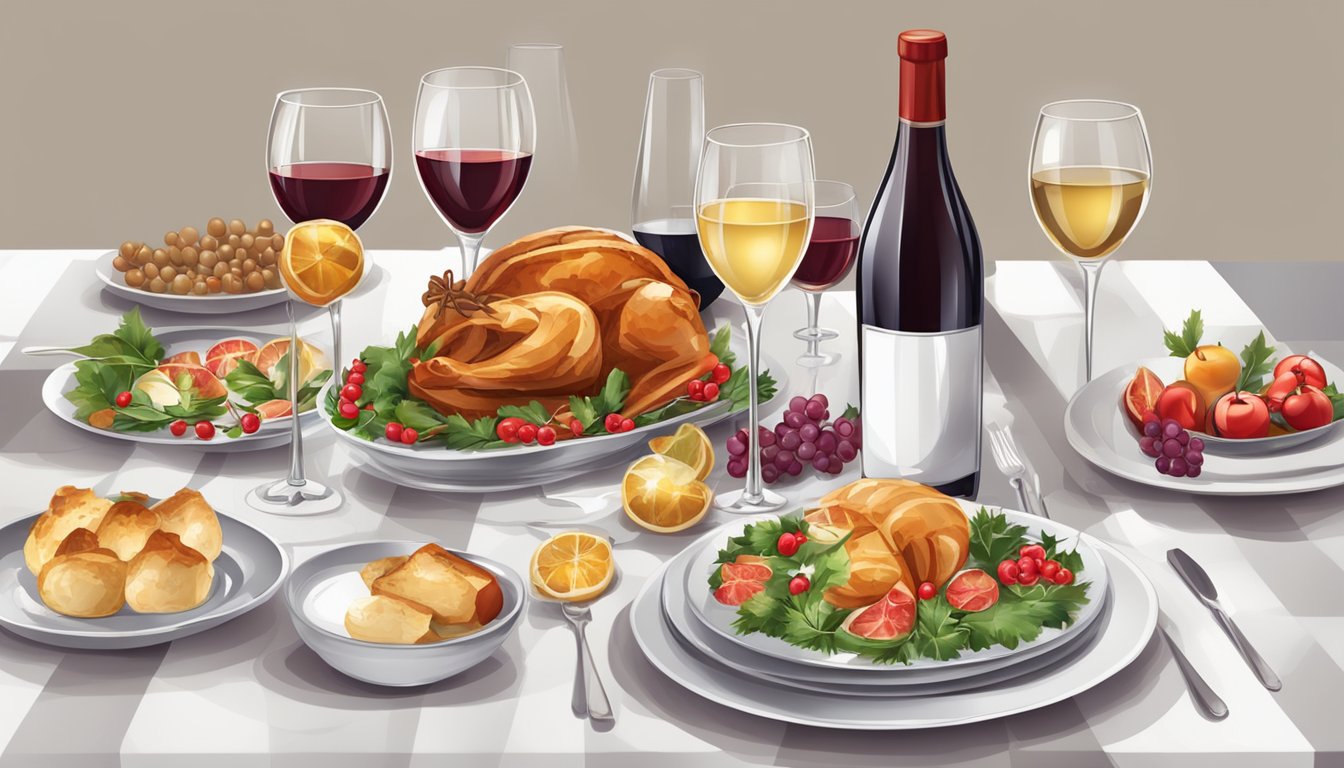 A festive holiday table set with a variety of dishes, surrounded by glasses of red and white wine