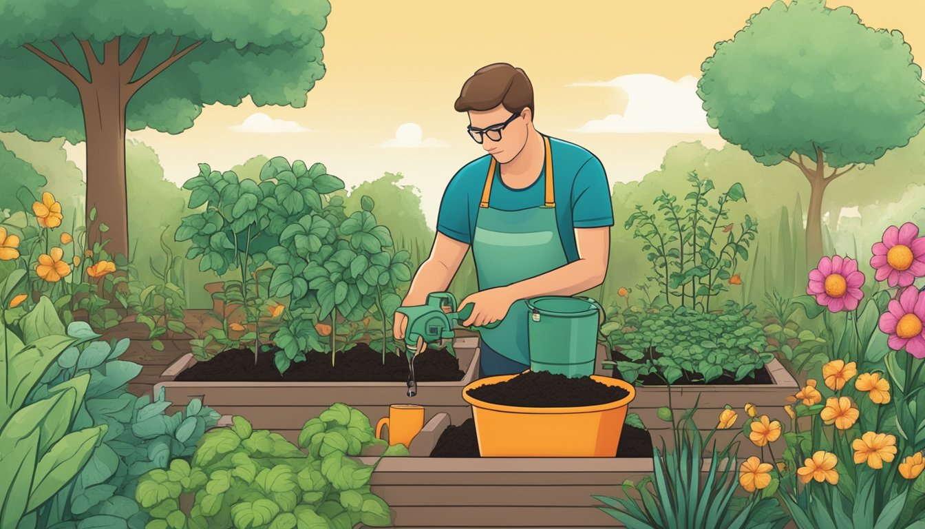 A person pouring compost tea onto a garden bed with plants growing and a monitoring system in the background