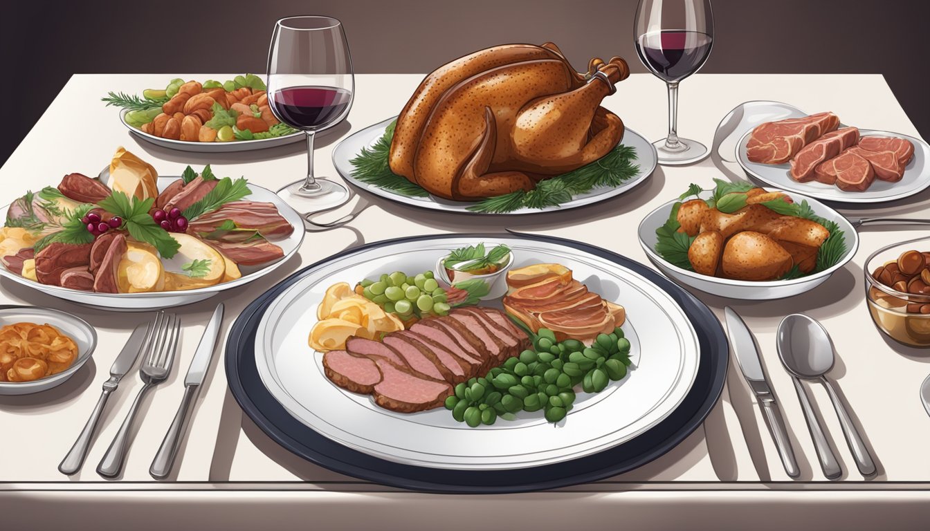 An elegant dining table set with a variety of holiday meat dishes and a selection of different wines displayed in front of each dish