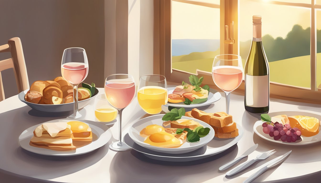 A table set with a variety of brunch foods, accompanied by bottles of white wine, rosé, and sparkling wine. Sunshine streams in through a window, casting a warm glow over the scene