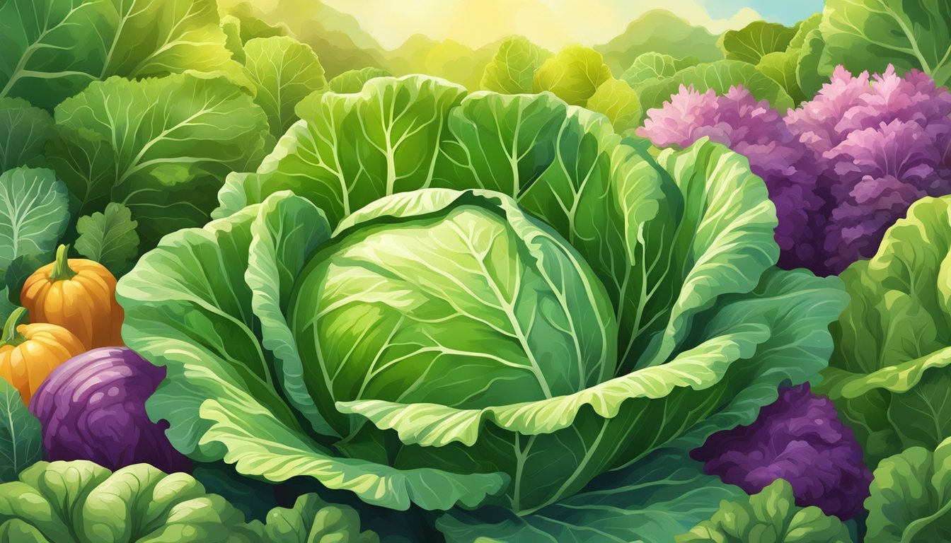 Lush green cabbage leaves flourish in a well-tended garden, surrounded by other healthy vegetables and bathed in warm sunlight