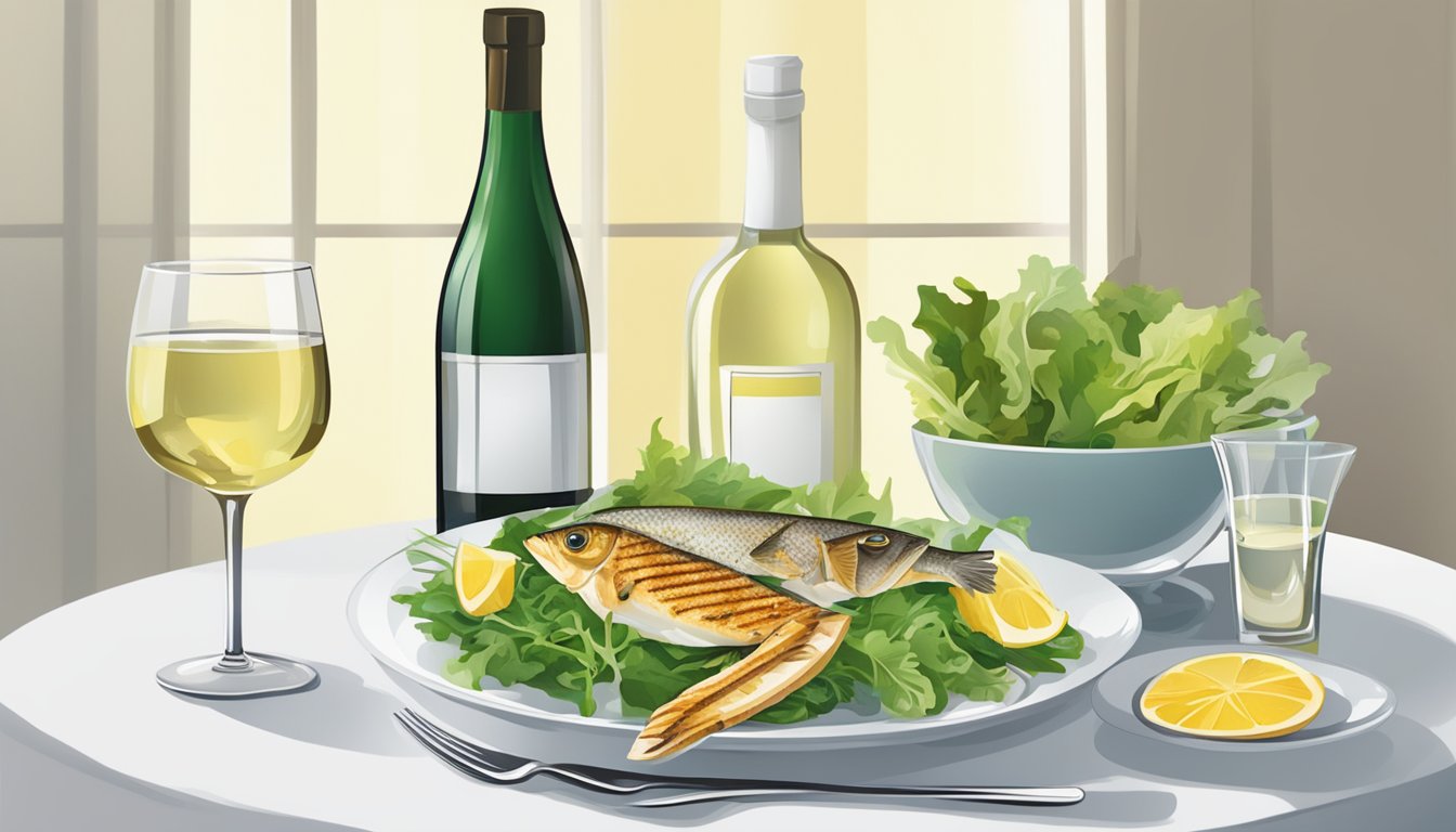 A glass of white wine next to a plate of salad and grilled fish