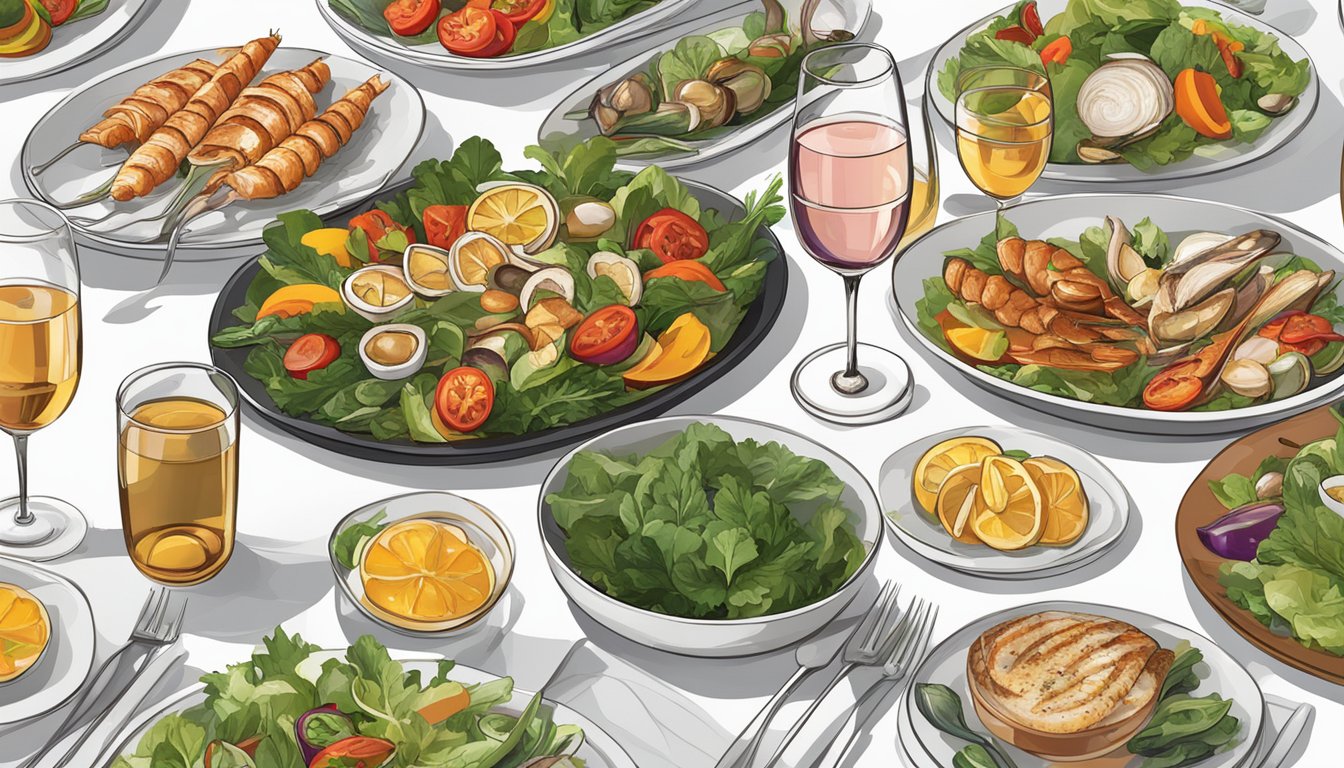 A table set with a variety of light dishes such as salads, seafood, and grilled vegetables, accompanied by a selection of white and rosé wines