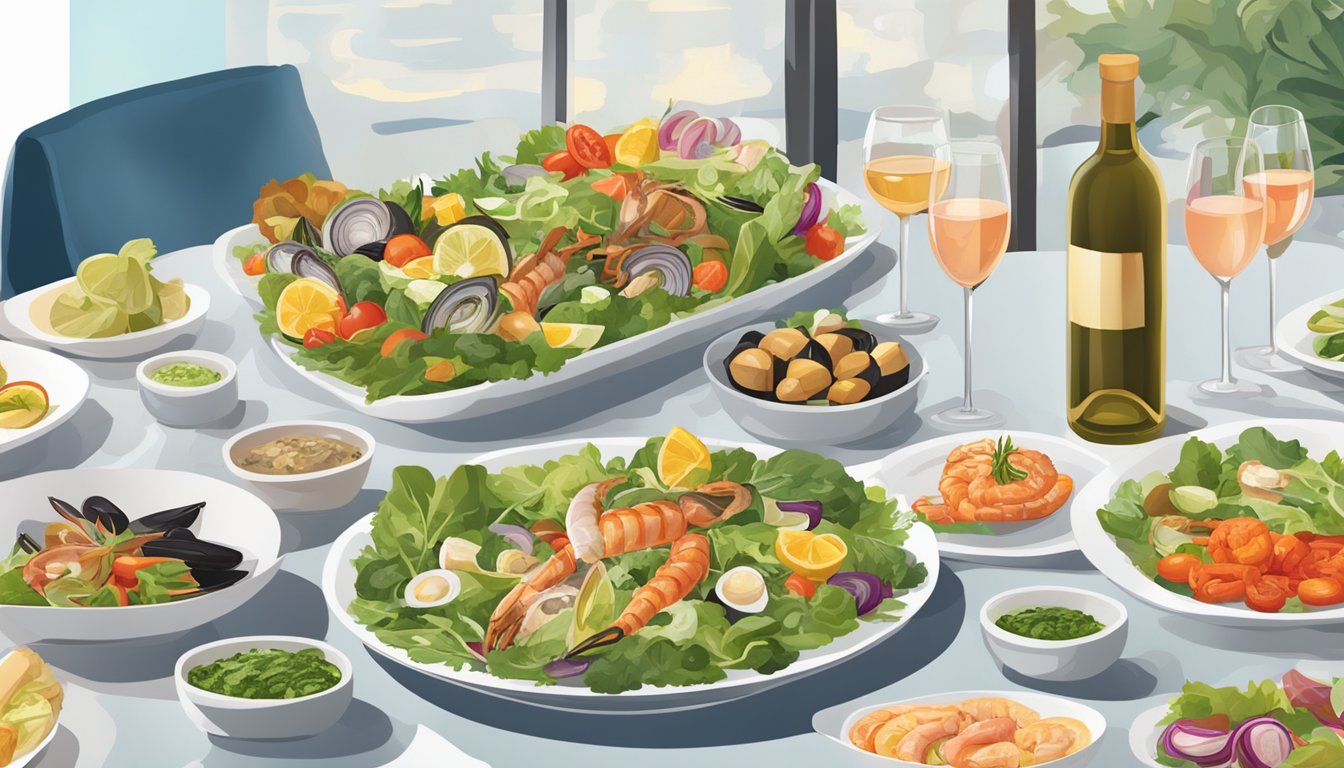 A table set with a variety of light dishes such as salads, seafood, and grilled vegetables, accompanied by a selection of white and rosé wines