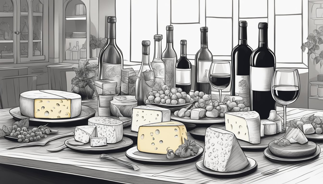 A table set with a variety of cheeses, appetizers, and wine bottles, with glasses ready to be filled