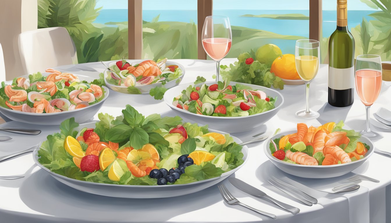 A table set with a spread of light dishes - salads, seafood, and fresh fruits - accompanied by a selection of white and rosé wines