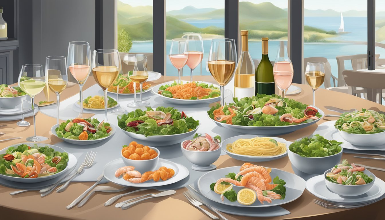 A table set with a spread of fresh salads, seafood, and light pastas, alongside a selection of white and rosé wines in elegant glassware