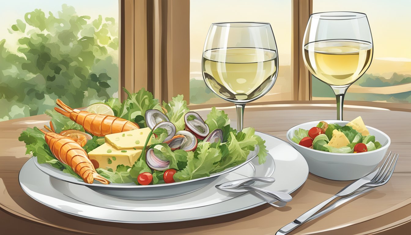 A glass of white wine next to a plate of assorted light dishes like fresh salads, seafood, and cheese