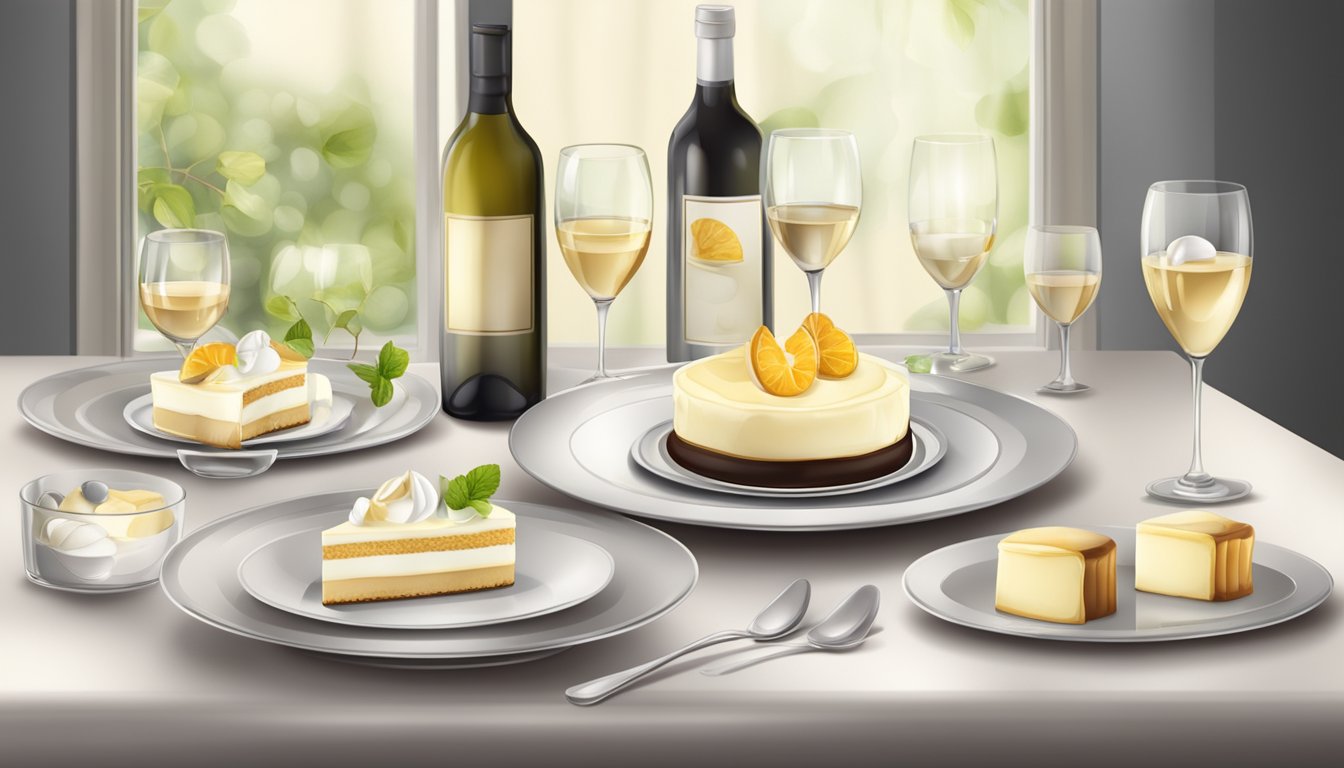 A table set with vanilla desserts and wine glasses