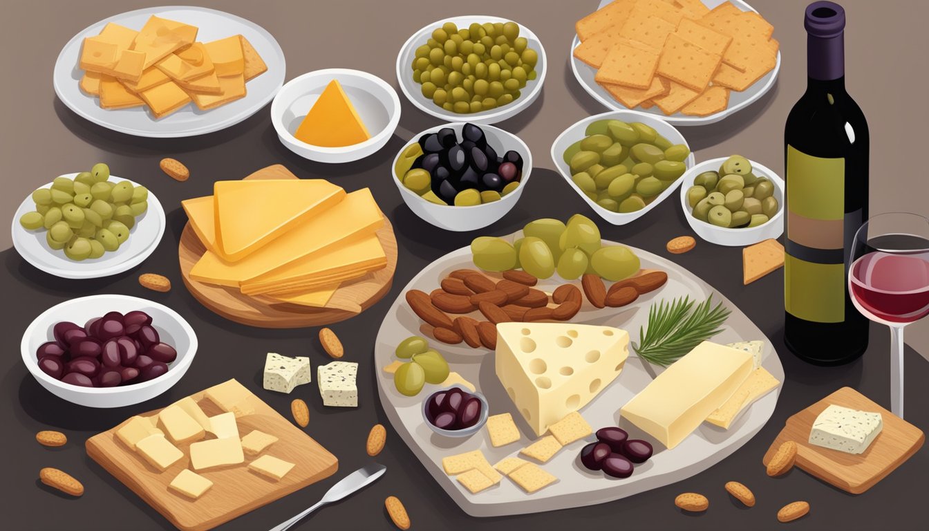 A table set with a variety of savory snacks, such as cheese, olives, and crackers, alongside a selection of different wine bottles